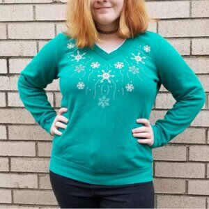 Laura Scott Womens Long Sleeve Top Snowflake Embroidery Green Medium